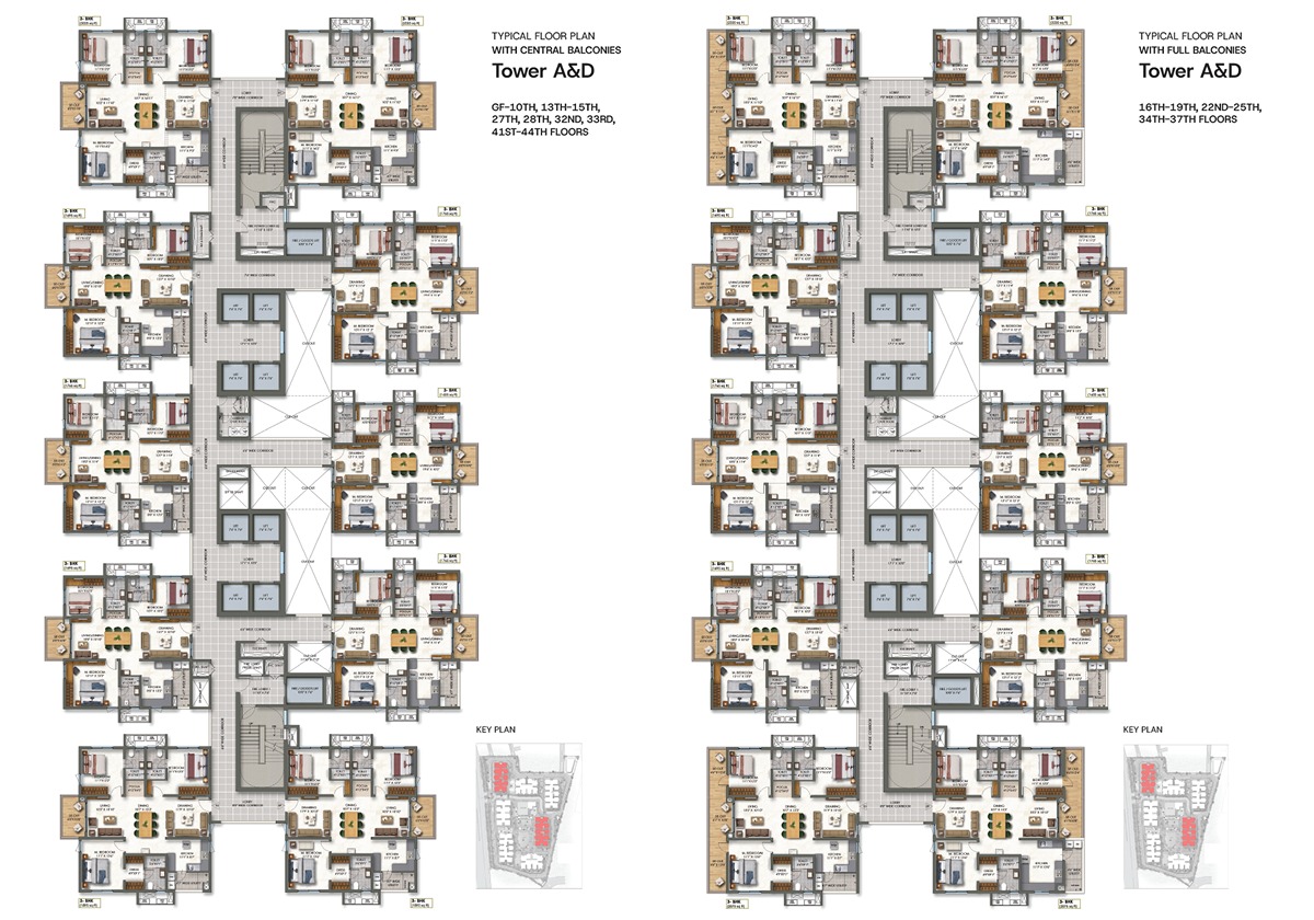 3 BHK · TOWER A & D floor plan